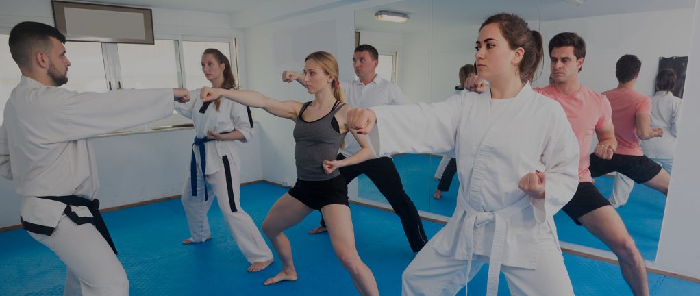 A diverse group of adults practicing punches in a martial arts class